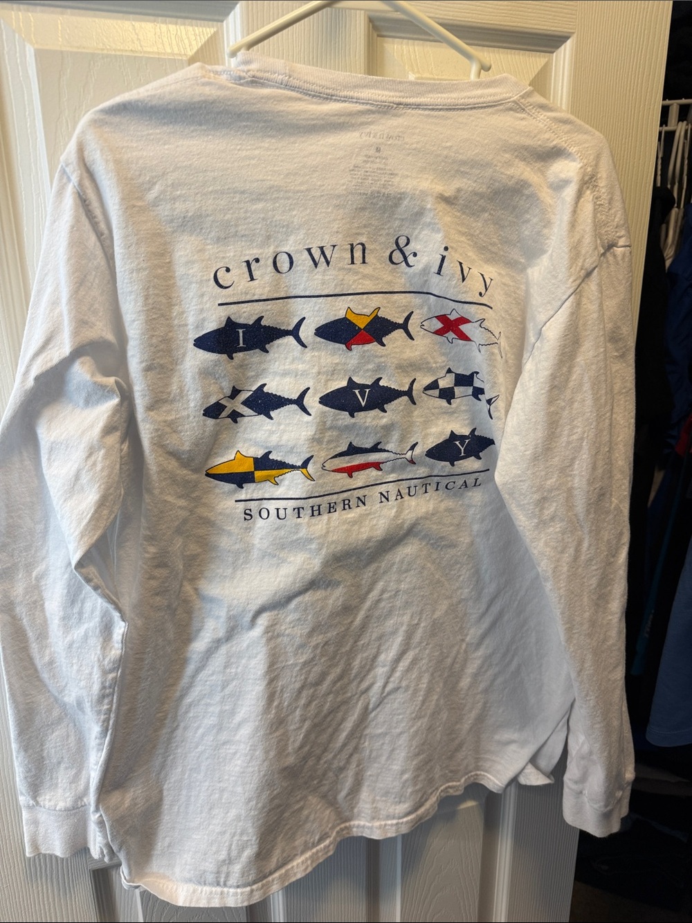 crown & ivy White Long Sleeve Tee with Navy Fish Logo - Picture 4 of 4
